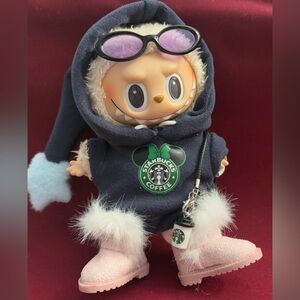 Cozy Coffee Theme Onesie w/ Pink Furry Boots! Labubu Doll NOT included.